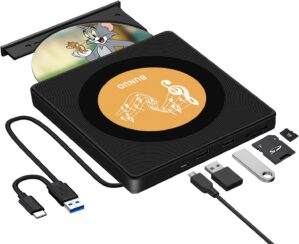 External CD/DVD Drive for Laptop, USB 3.0 CD/DVD Burner Reader External Disc Player for Laptop with 2 USB and TF/SD Slots, USB C DVD Drive External for Mac PC Windows 11 MacBook Apple