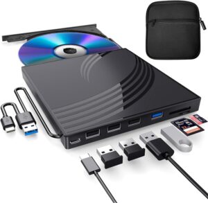 External CD/DVD Drive for Laptop with Carrying Case,DVD Player for Laptop,Portable CD Burner with 4 USB Ports, 2 TF/SD Card Slots,CD Disk Drive Player Reader Write