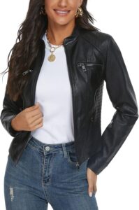 Fahsyee Black Faux Leather Jackets for Women Motorcycle PU Moto Biker Outwear Coat