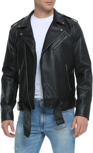 Fahsyee Leather Jackets for Men, Faux Bomber Jacket Mens Motorcycle Lapel Asymmetric Zip-Up Blet Slim Fit Biker Coat