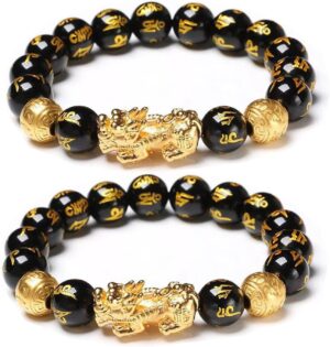 FengShui Wealth And Luck Bracelet, Feng Shui Black Obsidian Pixiu Wealth Bracelet Prosperity Buddha Beads Elastic Bracelet for Women Men Jewelry