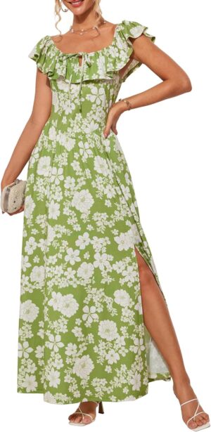 GRACE KARIN 2025 Womens Maxi Dresses Summer Off Shoulder Floral Dress Ruffle Split Beach Flowy Boho Wedding Guest Dress