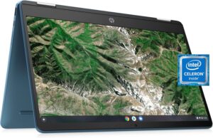 HP Laptop X360 14a Chromebook 14″ HD Touchscreen, Entertaining from Any Angle Intel Celeron, 4GB DDR4 64GB eMMC WiFi Webcam Stereo Speakers Bluetooth 4.2 Chrome Blue Metallic Color
