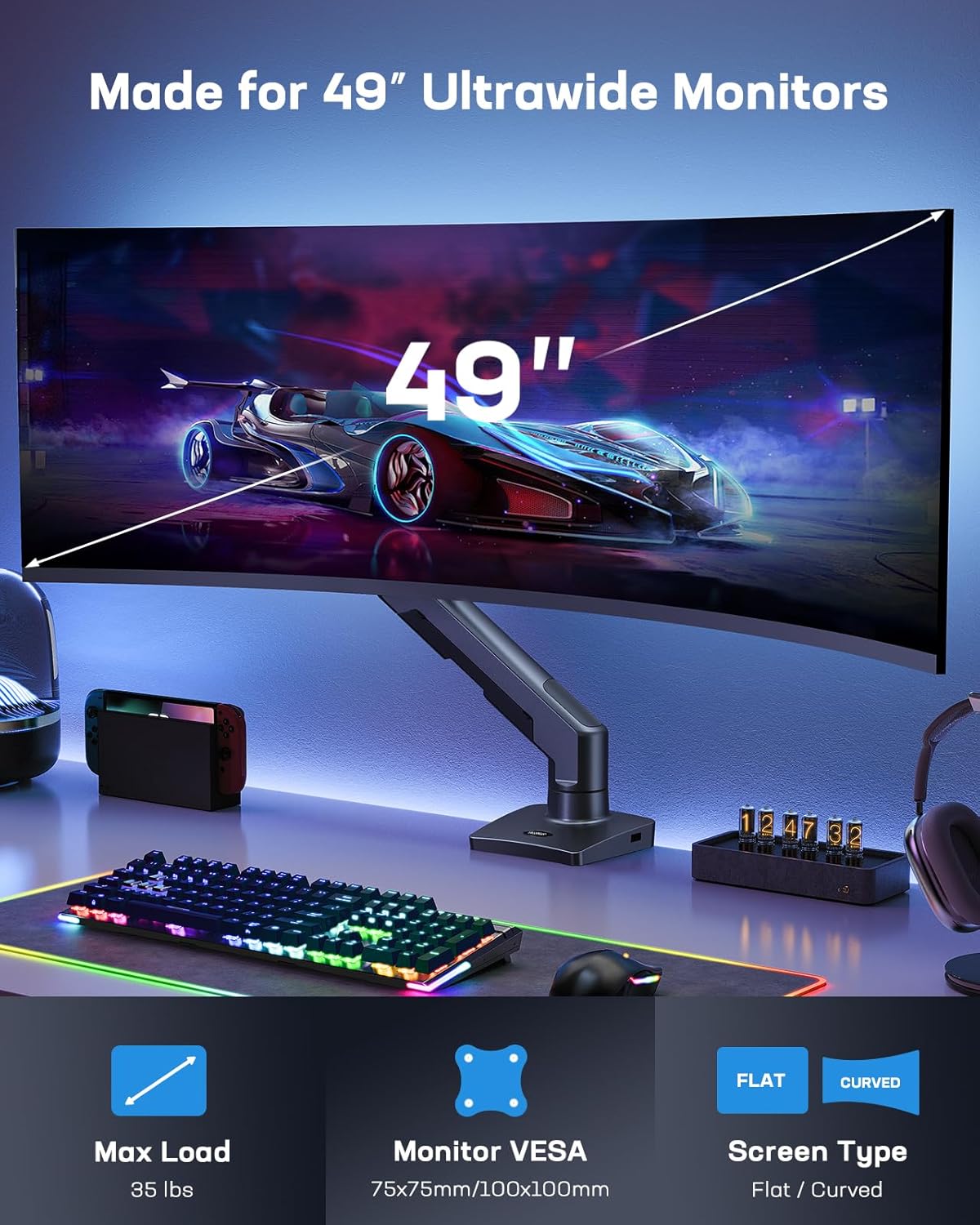 HUANUO Heavy Duty Monitor Arm for 49 inches Screens up to 35 lbs, Aluminum Ultrawide Monitor Arm for Samsung Odyssey G9 and More, Fully Adjustable Monitor Stand for Desk, VESA 100x100mm, Black - Image 2