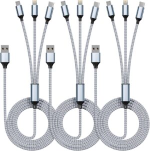 IDISON Multi Charging Cable(3Pack 4FT), 3 in 1 Charging Cable Nylon Braided Multiple USB Cable Universal Charging Cord with Type-C, Micro USB and IP Port for Cell Phones and More
