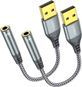 JXMOX USB to 3.5mm Jack Audio Adapter, (2-Pack) USB to Audio Jack Adapter Headset, USB-A to 3.5mm TRRS 4-Pole Female, External Stereo Sound Card for Headphone, Mac, PS4, PS5, PC, Laptop, Desktops