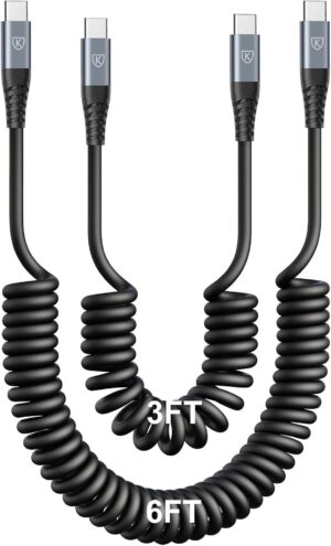 KIYODA USB C to USB C Cable [3FT+6FT], 2Pack Coiled USB C Charger Cable for Car, Type C Fast Charging Cable Compatible with iPhone 16/15/Plus/Pro/Pro Max/MacBook Pro 2020/Samsung Galaxy S23