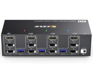 KVM Switch 3 Monitors 3 Computers 8K@60Hz 4K@144Hz, Camgeet HDMI+2 Displayport KVM Switch Triple Monitor for 3 Computer Share 3 Monitor and 4 USB3.0 Devices,Wired Remote and 12V power adapter Included