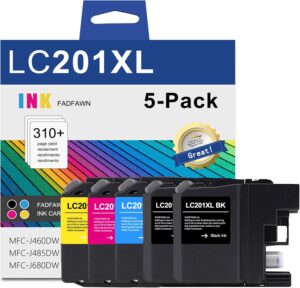LC201XL Ink Cartridges (5-Pack, 2BK/1C/1M/1Y) Compatible LC201BK LC201C LC201M LC201Y Ink Cartridge Replacement for Brother LC201 LC203 XL Ink Cartridges MFC-J485DW MFC-J460DW MFC-J680DW Printer