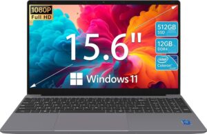 Laptop Computer 15.6'' HD Display, Intel UHD Graphics, Intel Celeron N5095 4-Core Processor, 12GB RAM, 512GB SSD up to Expandable 1TB, WiFi, 180°Open Angle, Windows 11 Laptop, Gray
