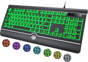 Large Print Backlit Computer Keyboard, 7-Color Backlit Keyboard with Wrist Rest, USB Plug-and-Play, Oversize Letters Keys Easy to See and Type, Wired Light Up Keyboard for Laptop, PC, Gaming