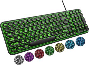 Large Print Backlit Keyboard, Wired USB Lighted Computer Keyboards with 7-Color Backlit, Oversized Print Letters, Quiet Typewriter Keyboard with Retro Round Keycaps for Windows PC, Laptop