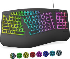 MEETION Ergonomic Wired Keyboard, 7 Colors RGB Backlit Keyboard, 4 Adjustable Brightness & 2 Modes Light up, Comfortable Natural Ergo Split USB Keyboard for Windows Mac Computer Desktop Laptop, Black