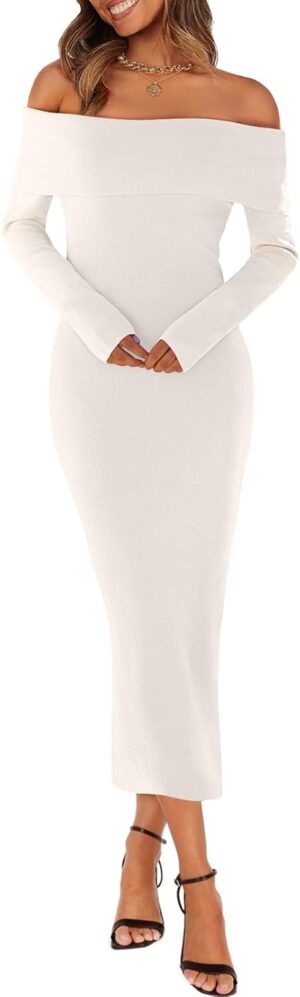 MEROKEETY Women's Winter Off Shoulder Bodycon Sweater Dress Formal Long Sleeve Elegant Cocktail Party Midi Maxi Dresses