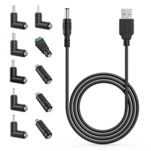 MEROM USB to DC 5V Universal Power Cable, DC 5.5x2.1mm Barrel Plug Charging Cord with 10 Connector Tips(5.5x2.5,4.8x1.7,4.0x1.7,3.5x1.35,3.0x1.1,2.5x0.7,Micro,Type-C,Mini,LED Port) Travel Essentials