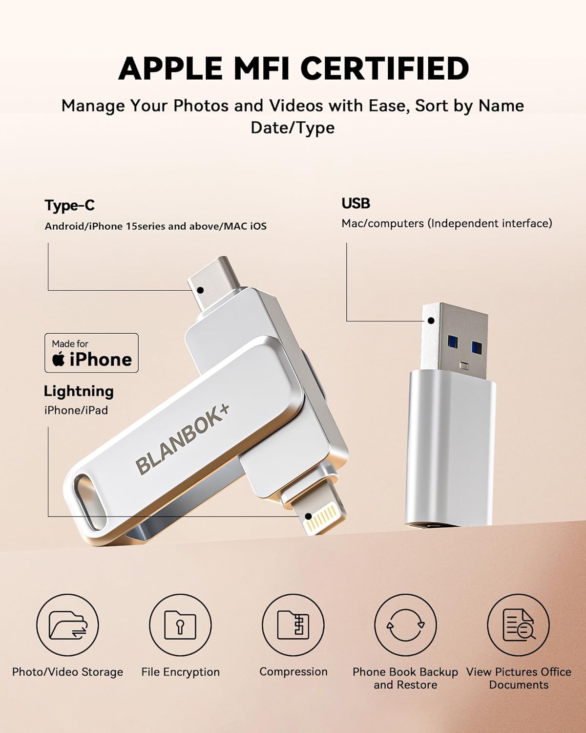 MFi Certified 256GB Flash Drive for iPhone Photo Stick, USB Thumb Drive Memory Stick High Speed USB Drive Photo Storage for iPhone USB Stick Compatible for iPhone/iPad/Android/PC - Image 2