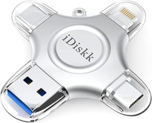 MFi Certified iDiskk 128GB Flash Drive for iPhone 15 16 iPad USB 3.0 Lightning Drive 4 in 1 Multi Functional External Storage for iOS and Android Samsung Phones Type c Devices and MacBook Photo Drive