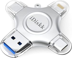 MFi Certified iDiskk 128GB Flash Drive for iPhone 15 16 iPad USB 3.0 Lightning Drive 4 in 1 Multi Functional External Storage for iOS and Android Samsung Phones Type c Devices and MacBook Photo Drive