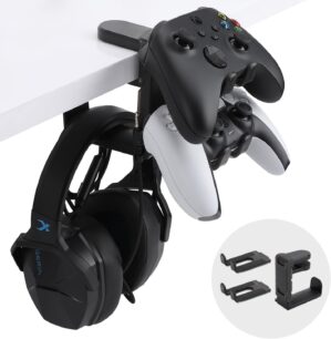PC Gaming Headphone Stand & Controller Holder, 3 in 1 Under Desk Clamp Universal Headset Controllers Hook with Adjustable and swivelling arm clamp(Black)
