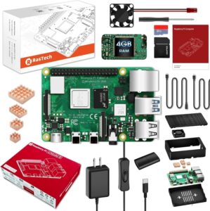 RasTech Raspberry Pi 4 4GB Starter Kit with Pi 4 4GB Board, 32GB Card 4 Copper Heatsink 2 HD Out Cable 5V 3A Power Supply with ON/Off Case Cooling Fan Card Reader Screwdriver