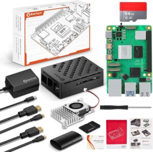 RasTech Raspberry Pi 5 8GB Kit 64GB Edition with Active Cooler,27W 5.1V5A USB-C Power Supply,Pi5 8GB Board,64GB Card Readers Kit,Pi 5 Case,Dual 4K Micro HD Out Cables and User Manual
