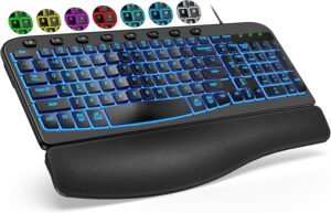 SABLUTE Ergonomic Keyboard Wired with Cushioned Wrist & Palm Rest, Backlit Computer Keyboards with 7-Color Adjustable Backlight, Comfortable Natural Wave Keys for Windows/Mac, Desktop Laptop