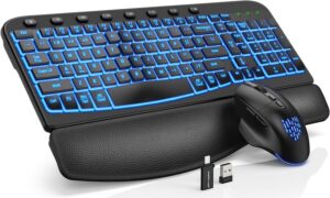 SABLUTE Ergonomic Wireless Keyboard and Mouse Combo – Wave Keyboard with Soft Leather Wrist Rest, Resistant Keys, RGB Backlit Rechargeable Set for PC/Mac/Chromebook (Black)