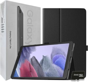 SAMSUNG 2021 Galaxy Tab A7 Lite 8.7” Inch 32 GB Wi-Fi Android 11 Touchscreen International Tablet Bundle – PU Leather Case, Screen Protector, Stylus and 32GB microSD Card [Gray]