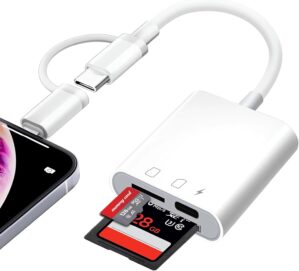 SD Card Reader for iPhone iPad Mac Dual Connector, Digital Camera Memory Card Adapter to iPhone with SD/Micro SD/Charging Slot, Lightning & USB C SD Card Viewer for Photography, Plug and Play