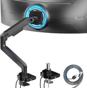 Single Monitor Mount with USB A/C, Ultrawide Monitor Arm for 17 to 49 inch Heavy Duty Monitor, Holds 44 lbs, Adjustable Gas Spring Monitor Arm Desk Mount with Clamp and Grommet Base, Black