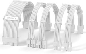 Sirlyr PSU Cable Extension Kit,One Way Bend Design PC Cables - Bright White Braided 1x 24Pin ATX / 2X 8 (4+4) Pin EPS/Gold-Plated 2X 8 (6+2) Pin PCIE for Power Supply,16AWG 5 Kits