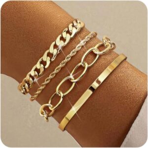 TEN MIRO 16k Gold/Silver Chunky Bracelet for Women Trendy, Dainty Gold/Silver Chain Bracelet Stack Non Tarnish Gold Bracelet Set Chunky Layered Cable Rope Snake Chain Cuban Link Bracelet Pack