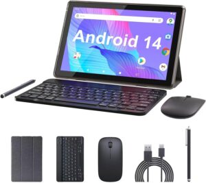 Tablet 10 Inch Android 14 Tableta, 2 in 1 Tablets with Keyboard Mouse Case Stylus, 8GB RAM+64GB ROM(1TB expansion), 2MP+8MP Dual Camera, 6000mAh Battery, Bluetooth WIFI6 1280 * 800 10.1" FHD Tab