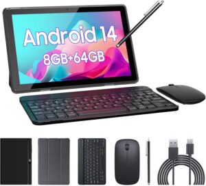Tablet 2 in 1 Tablets 10 inch Android 14 Tablet Set with Keyboard Case Mouse Stylus 8GB+64GB/1TB expansion Tablets 10.1" Touch Screen Tab 6000 mAh battery 2MP+8MP Dual Camera WiFi6 Bluetooth Tableta