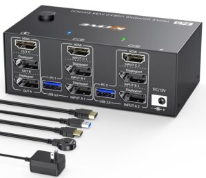 Triple Monitor KVM Switch 3 Monitors 2 Computers 8K@60Hz 4K@144Hz,MLEEDA HDMI+2 Displayport KVM Switch Triple Monitor for 2 Computers Share 3 Monitors and 4 USB3.0 Device,with Wired Remote and 5 Cable