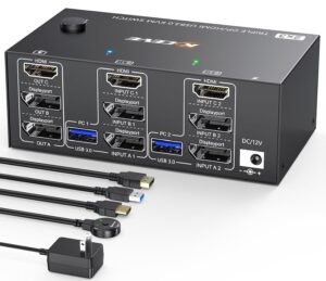 Triple Monitor KVM Switch 3 Monitors 2 Computers 8K@60Hz 4K@144Hz,MLEEDA HDMI+2 Displayport KVM Switch Triple Monitor for 2 Computers Share 3 Monitors and 4 USB3.0 Device,with Wired Remote and 5 Cable