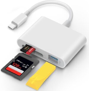 USB C SD Card Reader for iPhone 15 16 iPad Mac 3 in 1 USB-C Memory Trail Camera Card Adapter with Dual Slots & USB Port for Mac MacBook Pro/Air/Mini Android Laptop More USBC Typec Devices