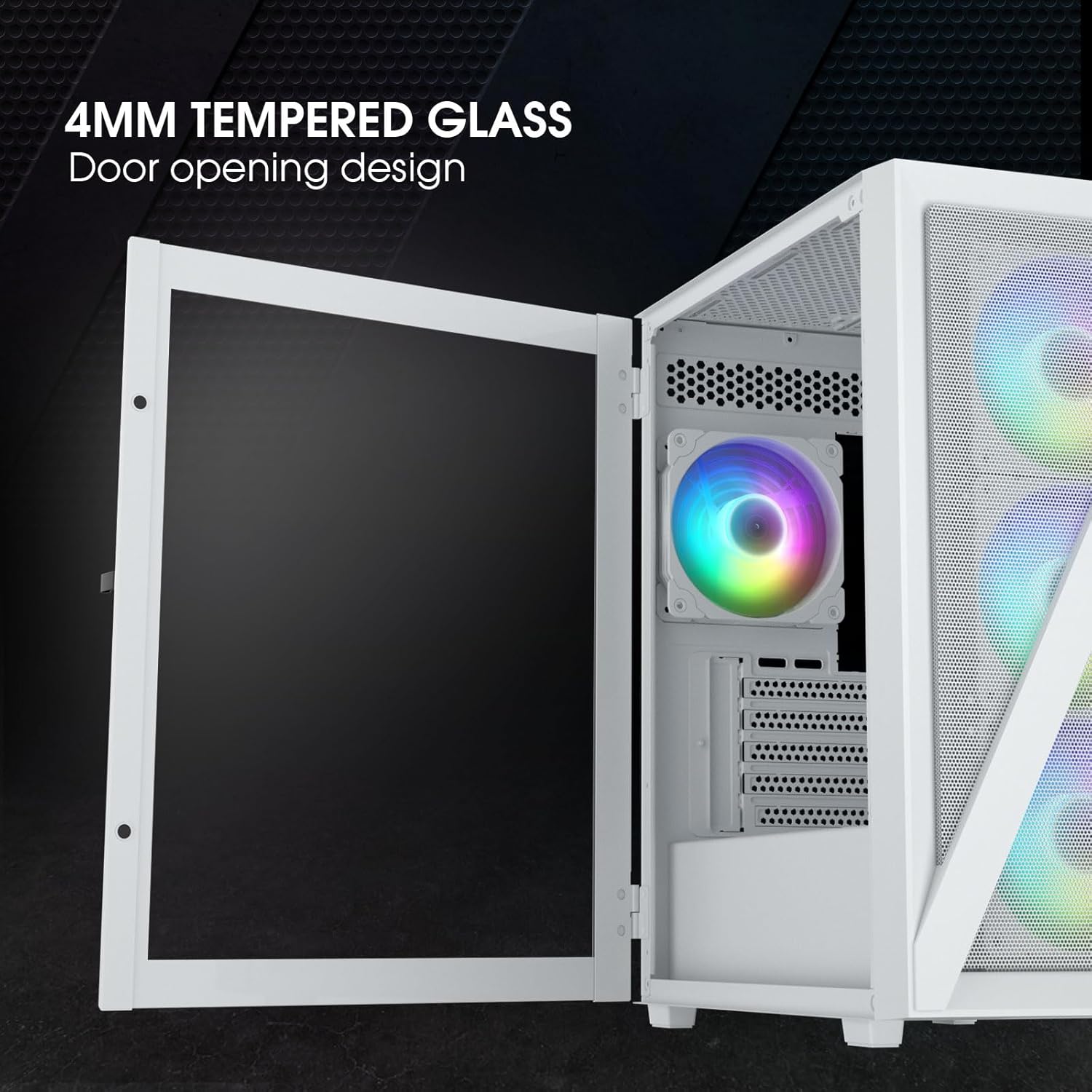 Vetroo M05 Micro ATX Computer PC Case with Door Open Tempered Glass Side Panel & Mesh Front Panel, Pre-Installed 120mm ARGB Fan in Rear, Support 240mm Radiator, Type-C Port - White - Image 2