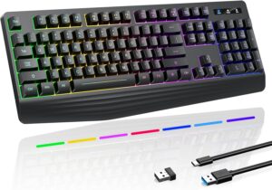 Wireless Gaming Keyboard, RGB & Single-Color Backlit, Full-Size Waterproof Computer Keyboard, Silent Keys, Wrist Rest, Sleep Mode, Rechargeable 2.4G Wireless Keyboard for Windows, Mac, PC, Laptop