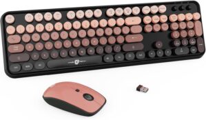 Wireless Keyboard Mouse Combo, 104 Round Keys Cute Colorful Keyboard with Retro Typewriter Style, Letton Full Size Keyboard with Number Pad&Mouse with 3 DPI for PC Mac Laptop Computer Windows-Black