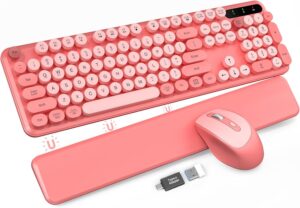 Wireless Keyboard and Mouse – Cute Typewriter Keyboard with Detachable Wrist Rest, Retro Round Keycaps, Foldable Legs, 2.4GHz Full-Size Keyboard Combo for PC, Laptop, Windows – Trueque (Colorful-Pink)
