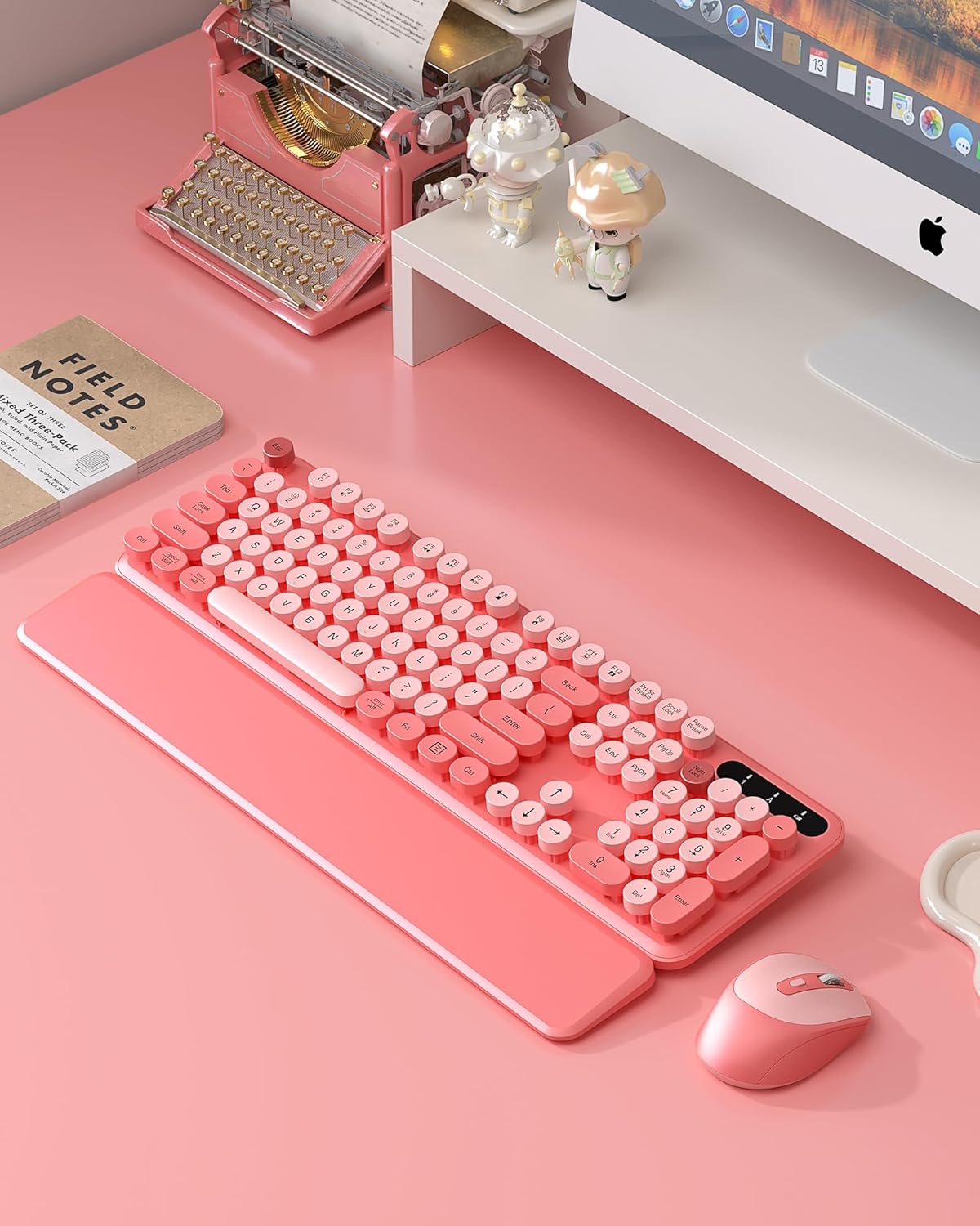 Wireless Keyboard and Mouse - Cute Typewriter Keyboard with Detachable Wrist Rest, Retro Round Keycaps, Foldable Legs, 2.4GHz Full-Size Keyboard Combo for PC, Laptop, Windows - Trueque (Colorful-Pink) - Image 2