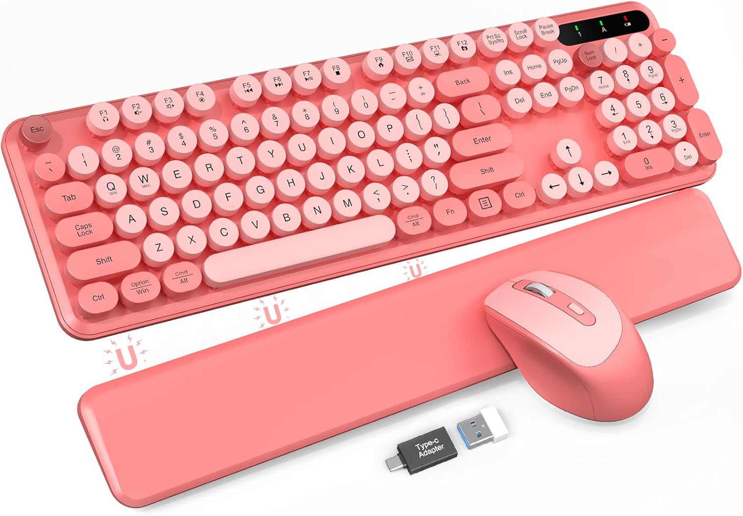 Wireless Keyboard and Mouse - Cute Typewriter Keyboard with Detachable Wrist Rest, Retro Round Keycaps, Foldable Legs, 2.4GHz Full-Size Keyboard Combo for PC, Laptop, Windows - Trueque (Colorful-Pink)