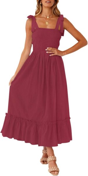 ZESICA Women's 2025 Summer Boho Spaghetti Strap Square Neck Solid Color Ruffle A Line Beach Long Maxi Dress