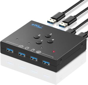 eKL USB 3.0 Switch 4 Computers Share 4 USB 3.0 Ports USB Switcher for PC Laptop Mouse Keyboard Scanner Printer One Button Switch with 3.5mm Headphone Jack and 4 Pack USB 3.0 Cables