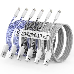 iPhone Charger 6Pack(3/3/6/6/6/10FT) Apple MFi Certified Fast Charging Lightning Cable iPhone Charger Cord Nylon Braided for iPhone 14 13/12/11 Pro Max/XS MAX/XR/XS/X/8/7/Plus/6S iPad and More