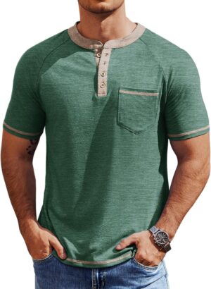 COOFANDY Mens Henley Shirts Short Sleeve Casual Button T-Shirts Basic Tee Shirts Summer Vintage T Shirts with Pocket