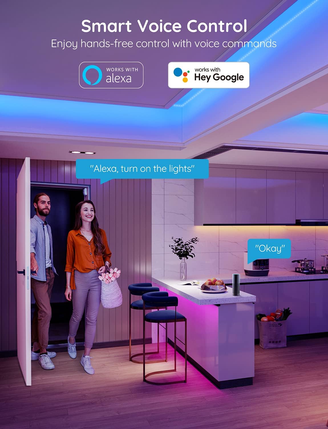 Govee Smart WiFi LED Strip Lights, 50ft RGB Led Strip Lighting Work with Alexa and Google Assistant, Color Changing Light Strip, Music Sync, LED Lights for Bedroom, Home Decor, Easy to Install - Image 2