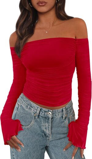 PRETTYGARDEN Womens Long Sleeve T Shirts Casual Off Shoulder Ruched Mesh Slim Fit Crop Tops Going Out Summer Blouses