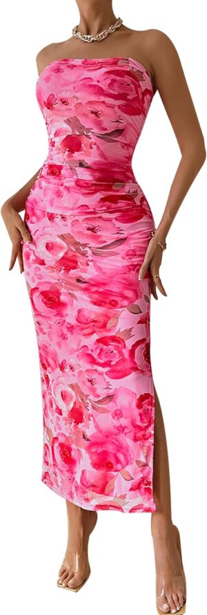 PRETTYGARDEN Women's Summer Maxi Bodycon Dresses Strapless Tube Top Printed Long Party Club Slit Dress